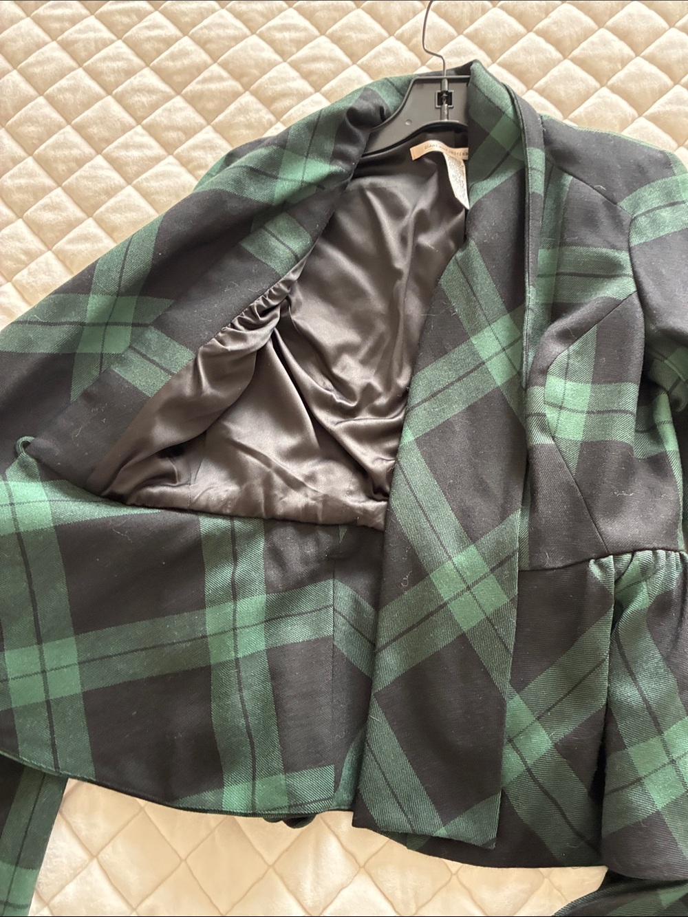 Diane Von Furstenberg Black and Forest Green Plaid Wrap Blazer with Belt - Picture 5 of 7